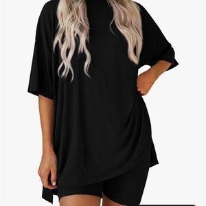 PRETTYGARDEN Women 2 Piece Lounge Set- Oversized Shirt and Matching Biker Shorts